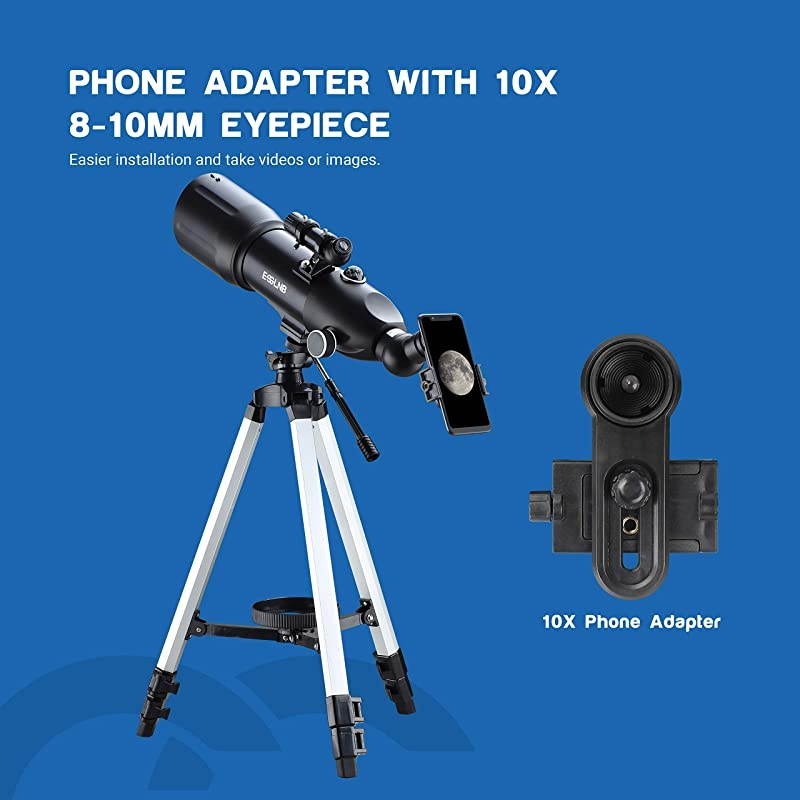 Telescopes for Adults Kids Astronomy Beginners 80mm Astronomical Telescopes with 10X Phone Mount Refractor Telescope Tripod and Carrying Bag ErectImage Travel Telescope with Moon Filter