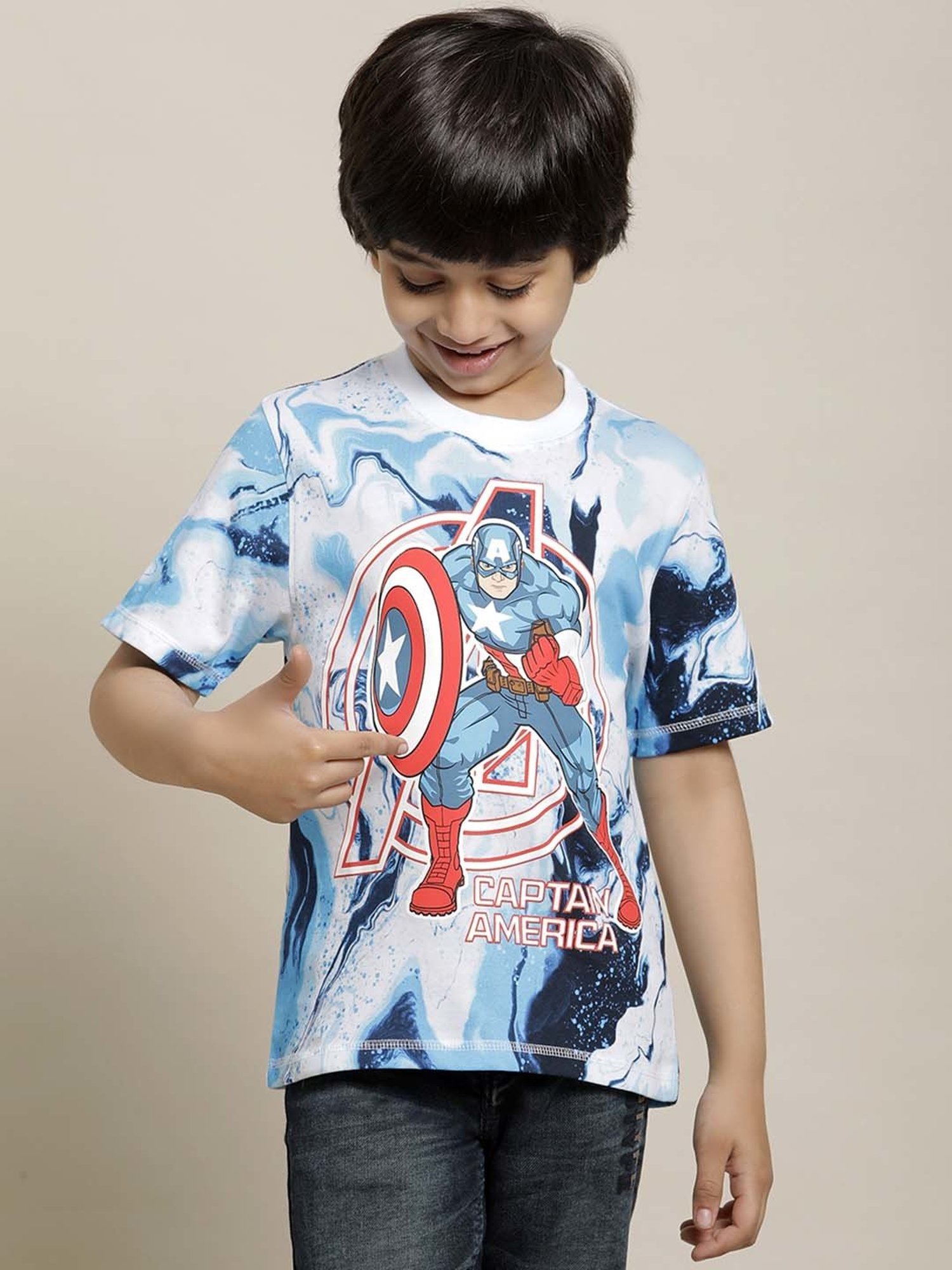 Kidsville Blue & Red Cotton Printed Captain America T-Shirt