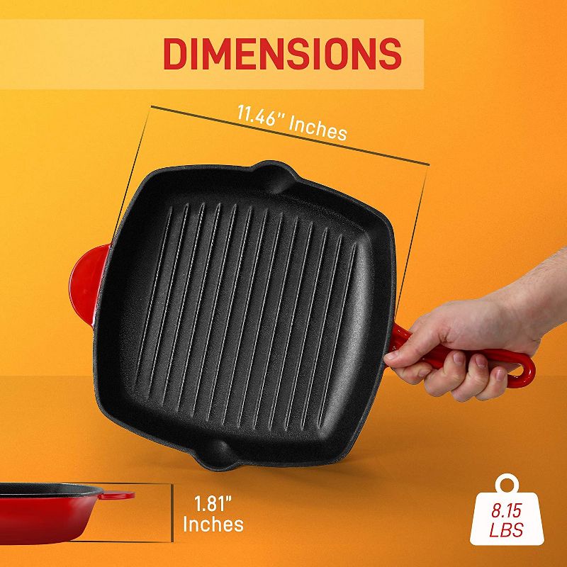 NutriChef 4 x NCCIES47 11 Inch Square Nonstick Cast Iron Skillet Griddle Grill Pan with Porcelain Enamel Coating, and Side Pour Spouts, Red (4 Pack)