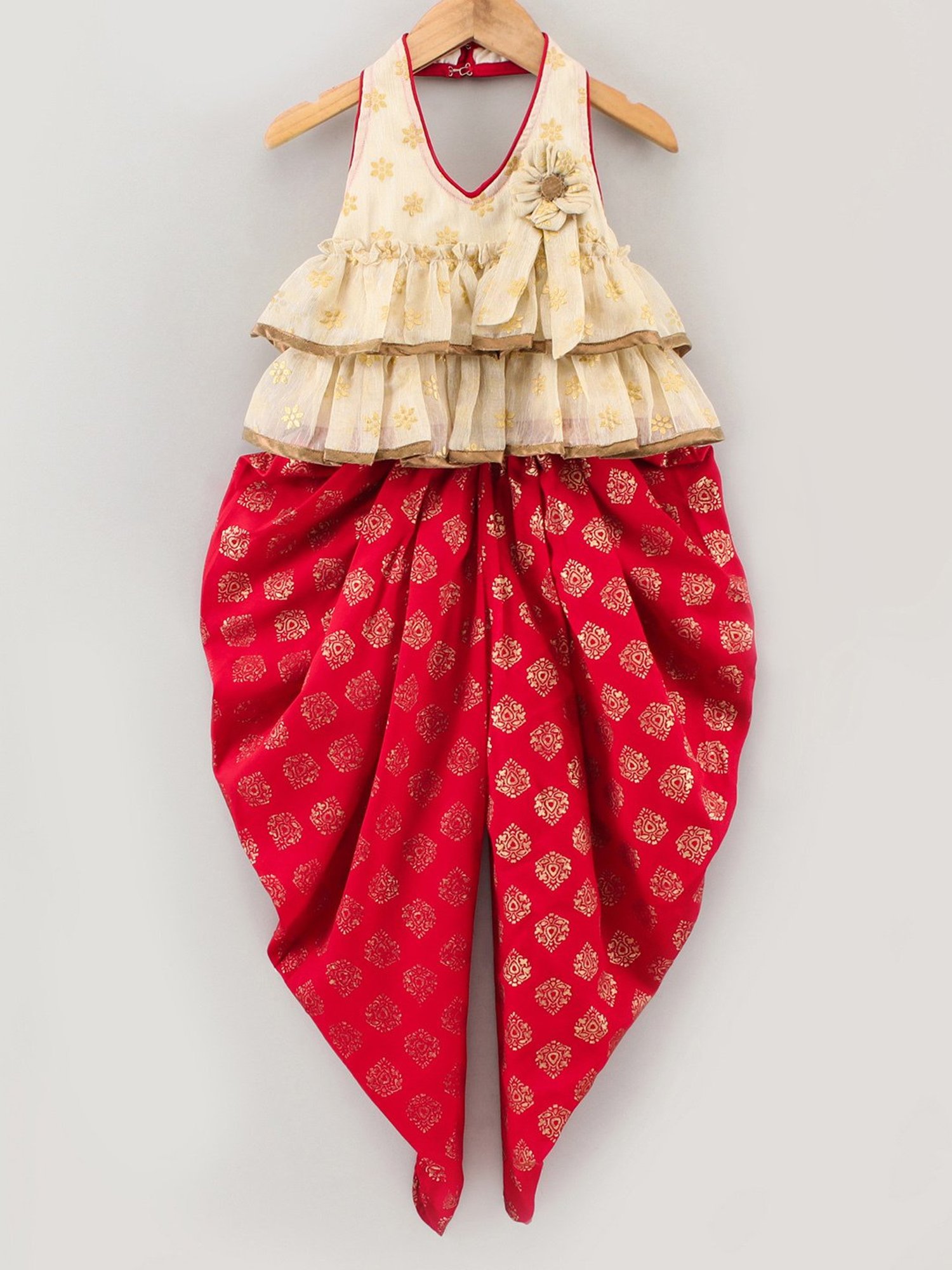 TWISHA Kids Cream & Red Self Design Top with Dhoti