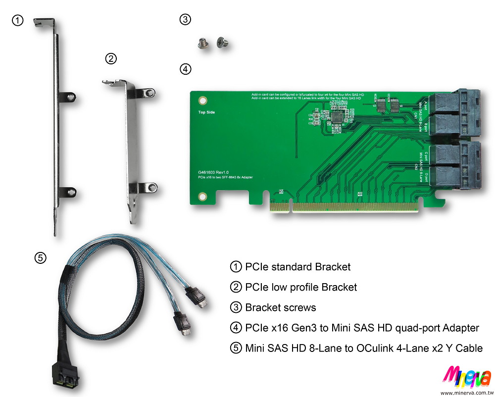 PCIe x16 Gen3 to Mini SAS HD (SFF-8643) quad-port Adapter with Mini SAS HD 8-Lane to OCulink (SFF-8611) 4-Lane x2 Y Cable KIT