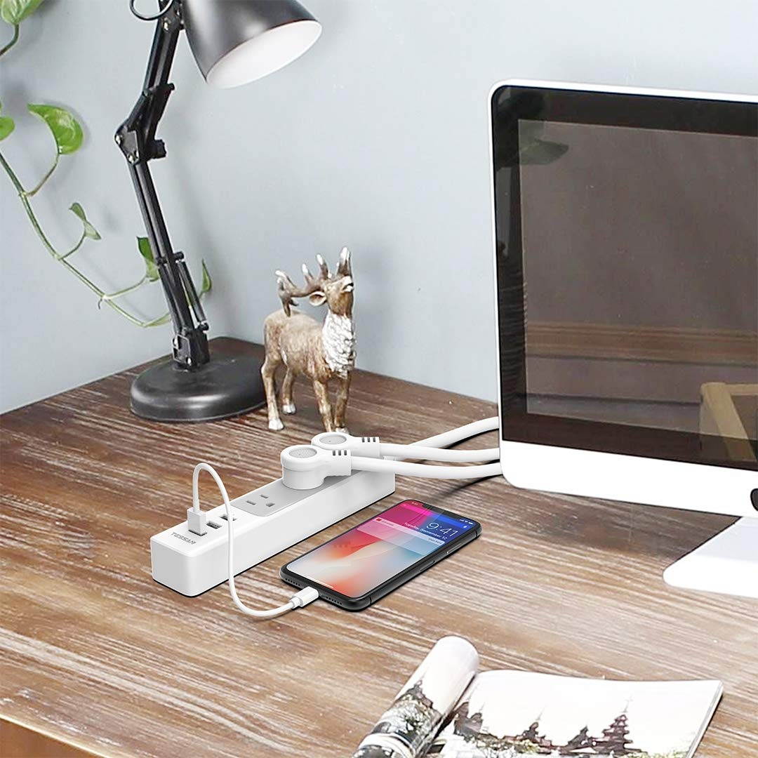 Flat Plug Power Strip with USB, TESSAN Slim Nightstand Desktop Charging Station with 3 USB Charger 3 Electrical Outlet, 5 ft Extension Cord Long Power Strip Mountable for Home, Office Dorm Essentials