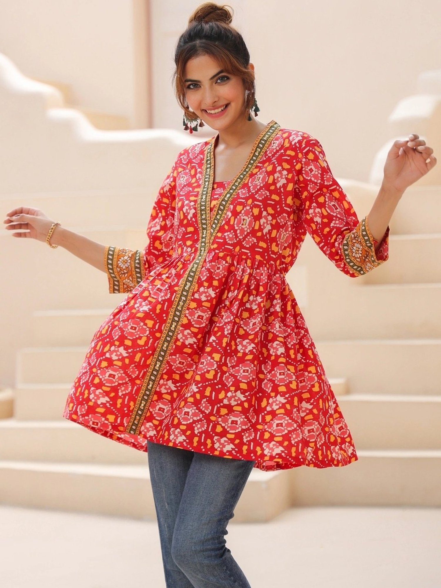 Rain and Rainbow Red Cotton Printed Top