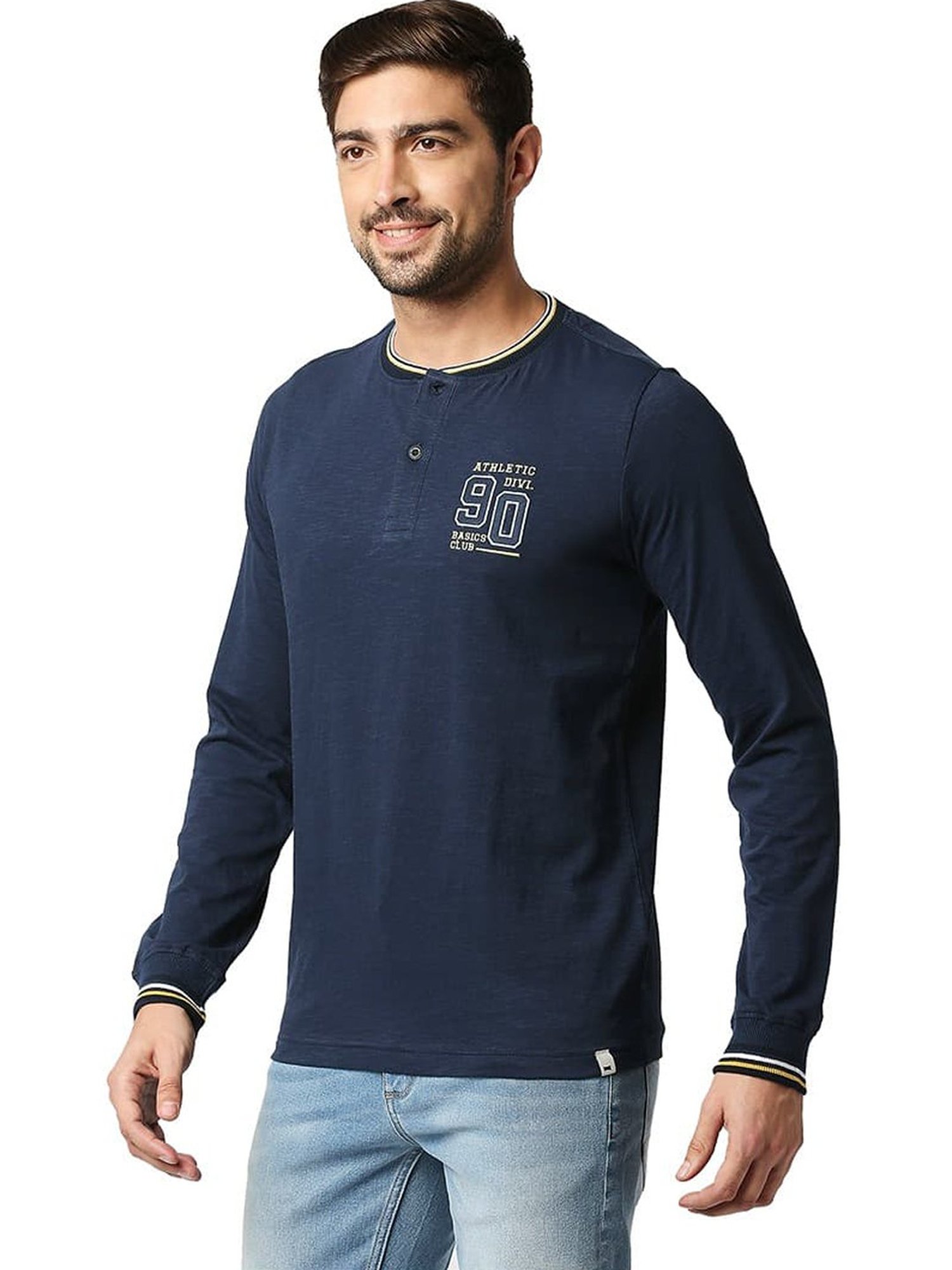 Basics Dress Blue Cotton Muscle Fit Henley T-Shirt