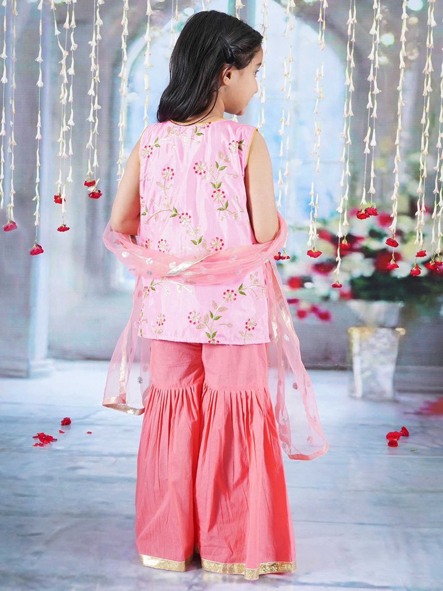 Little Bansi Kids Pink & Coral Embroidered Kurta, Gharara with Dupatta
