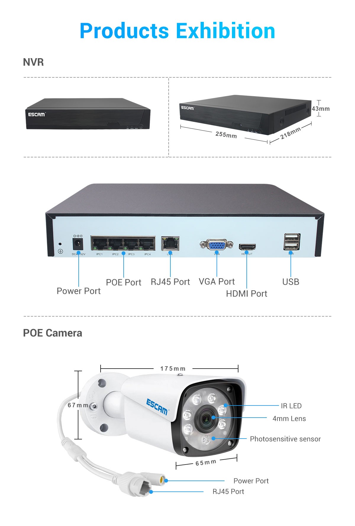 ESCAM PVR601 3MP POE 4CH PVR Camera Kit Surveillance Camera System without Humanoid Detection