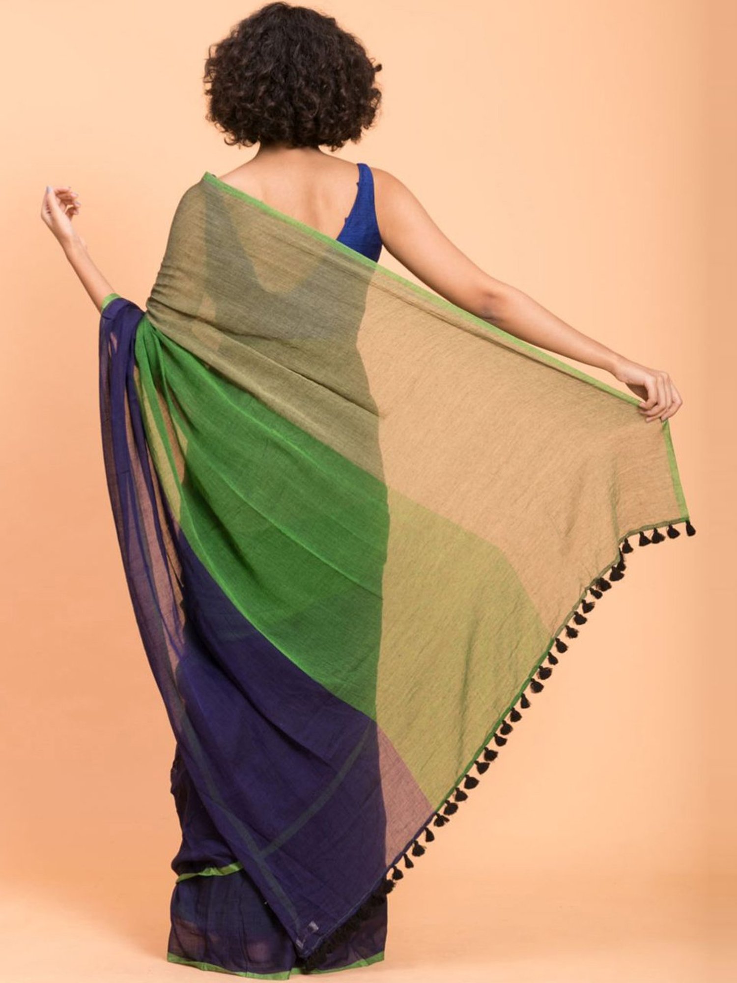 Suta Blue & Green Cotton Saree Without Blouse
