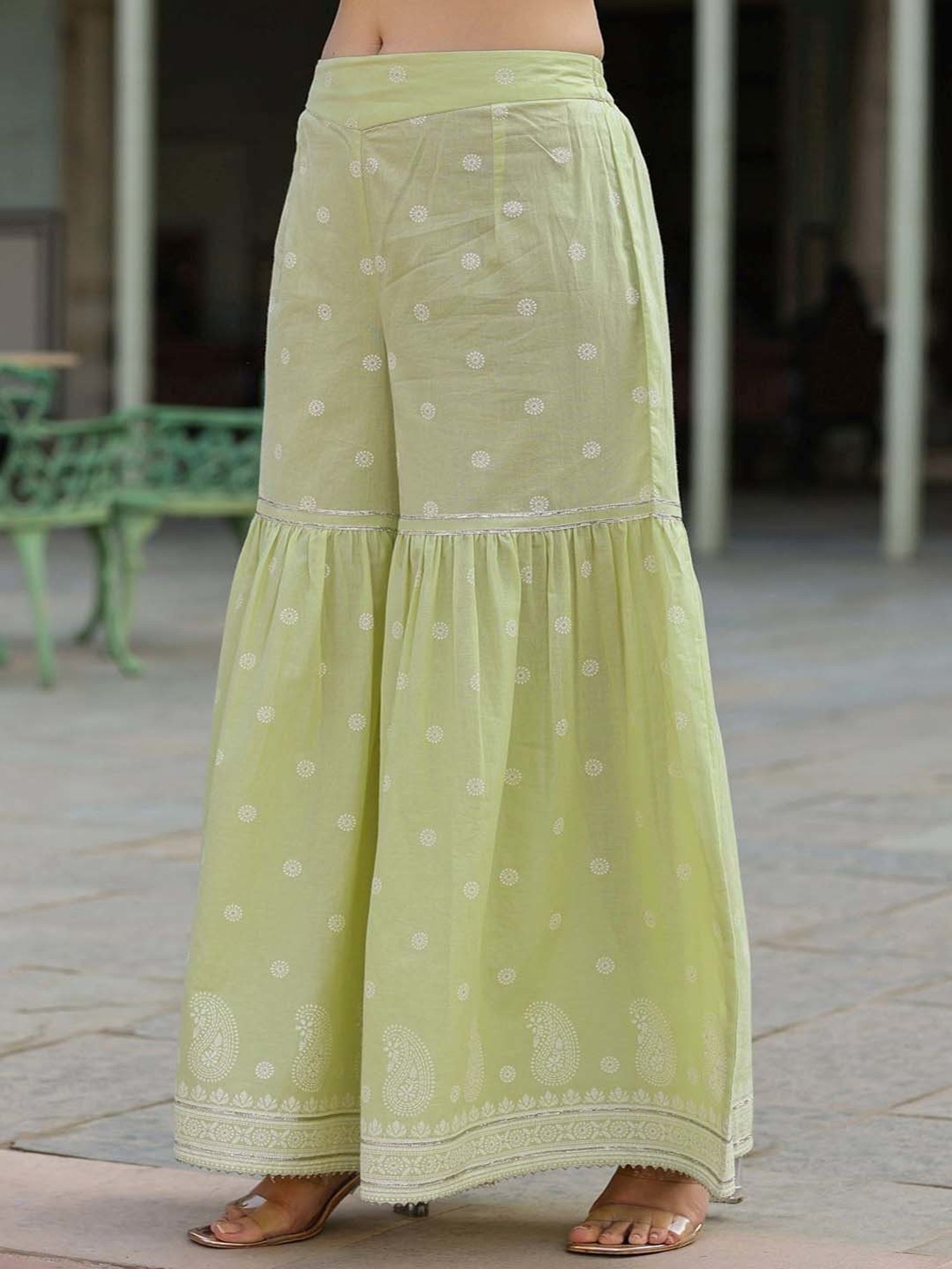 Juniper Lime Green Ethnic Motif Cotton Lacy Kurta Sharara & Dupatta Set With Beads & Sequins Work