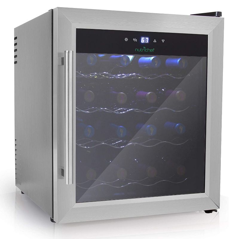 NutriChef Digital Electric 16 Bottle Adjustable Temperature Thermoelectric Freestanding Wine Chiller Cooler Cabinet Fridge, Black