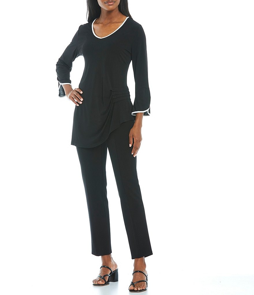 Calessa Piped Matte Jersey Split Cuff Bell Sleeve Tunic