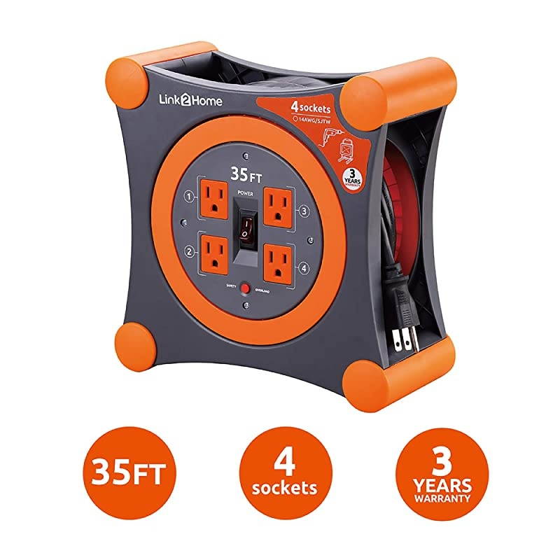 Cord Reel Extension Cord 4 Power Outlets 35 Feet Orange