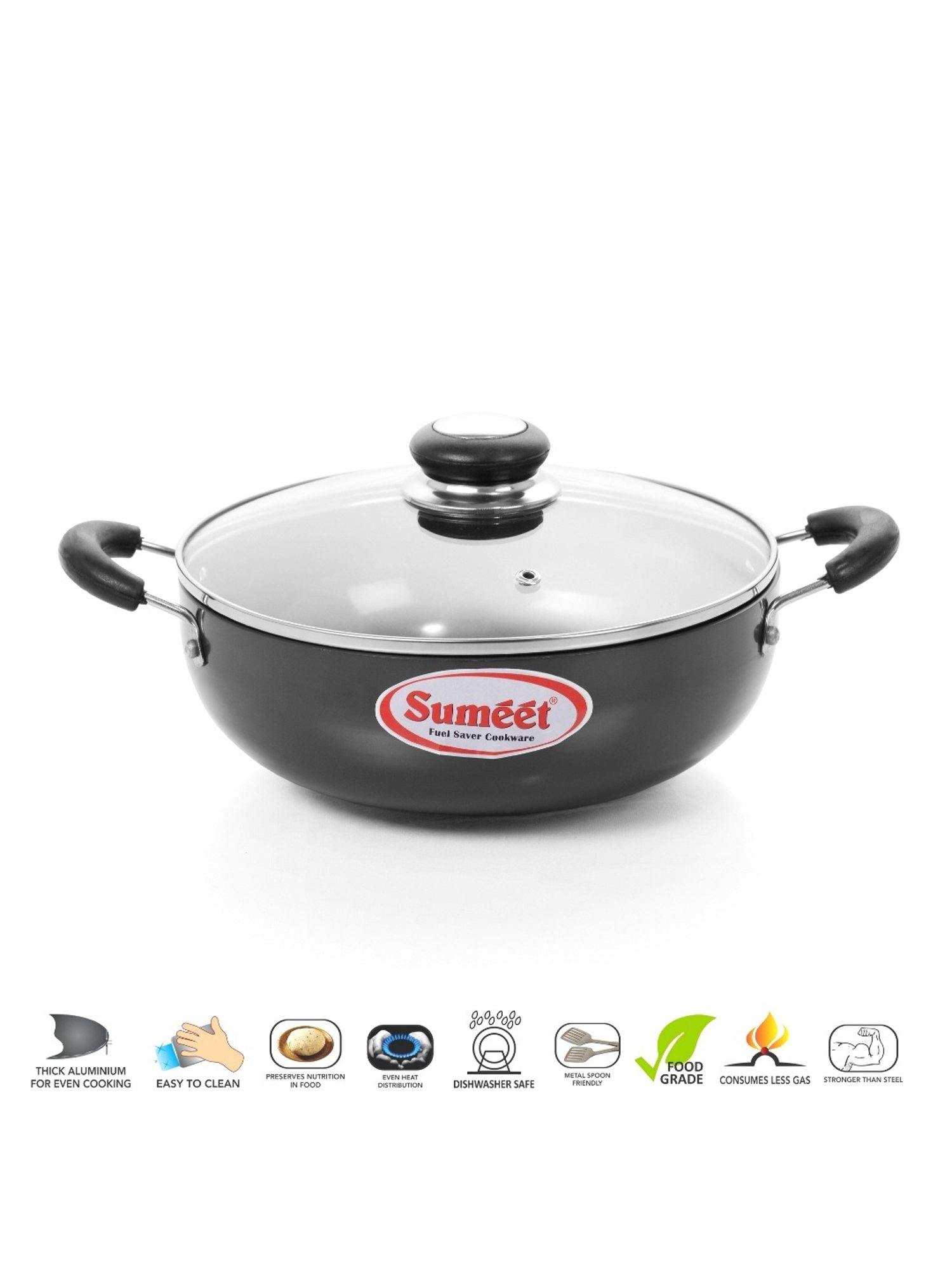 Sumeet 3mm Hardanodised Deep kadhai with Glass Lid. No. - 14  26cm Dia. 3 Ltr Capacity