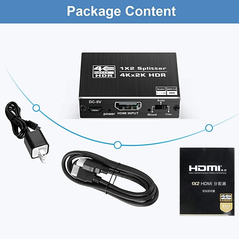 4K@60Hz HDMI Splitter 1 in 2 Out,  Aluminum HDMI Splitter for Dual Monitors Duplicate/Mirror with Same Image, 1x2 HDMI2.0b Splitter HDCP2.2 for Xbox, PS5, Roku (1 Source onto 2 Displays)