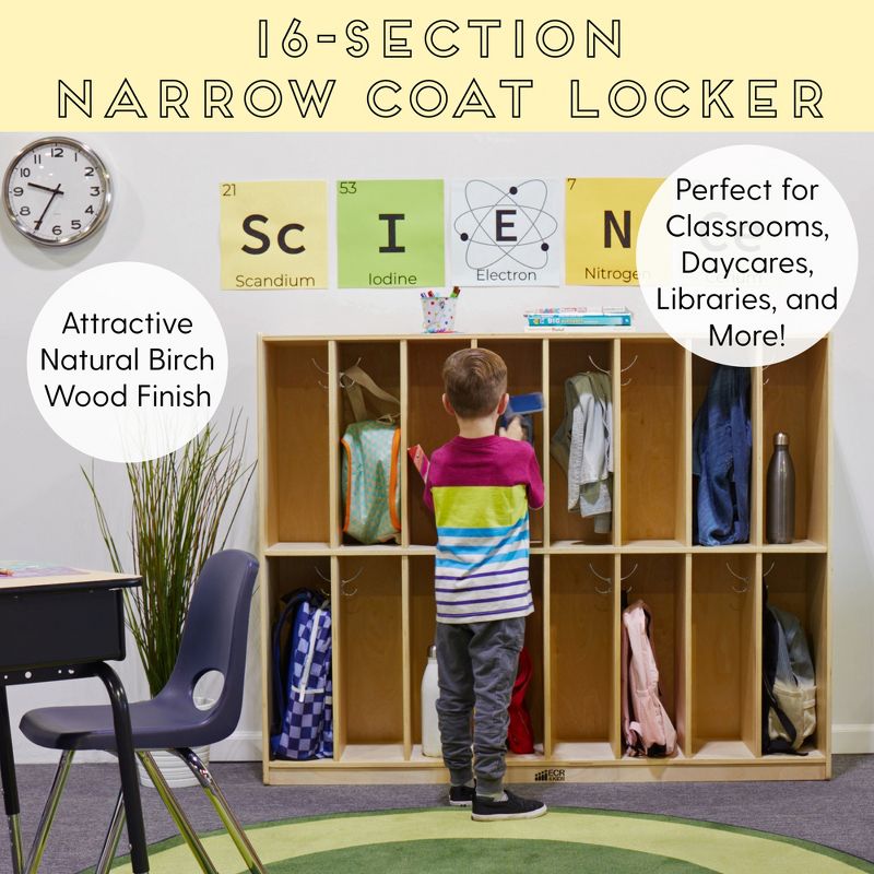 ECR4Kids Birch 16-Section Slim-Fit School Storage Coat Locker with Hooks for Toddlers and Kids