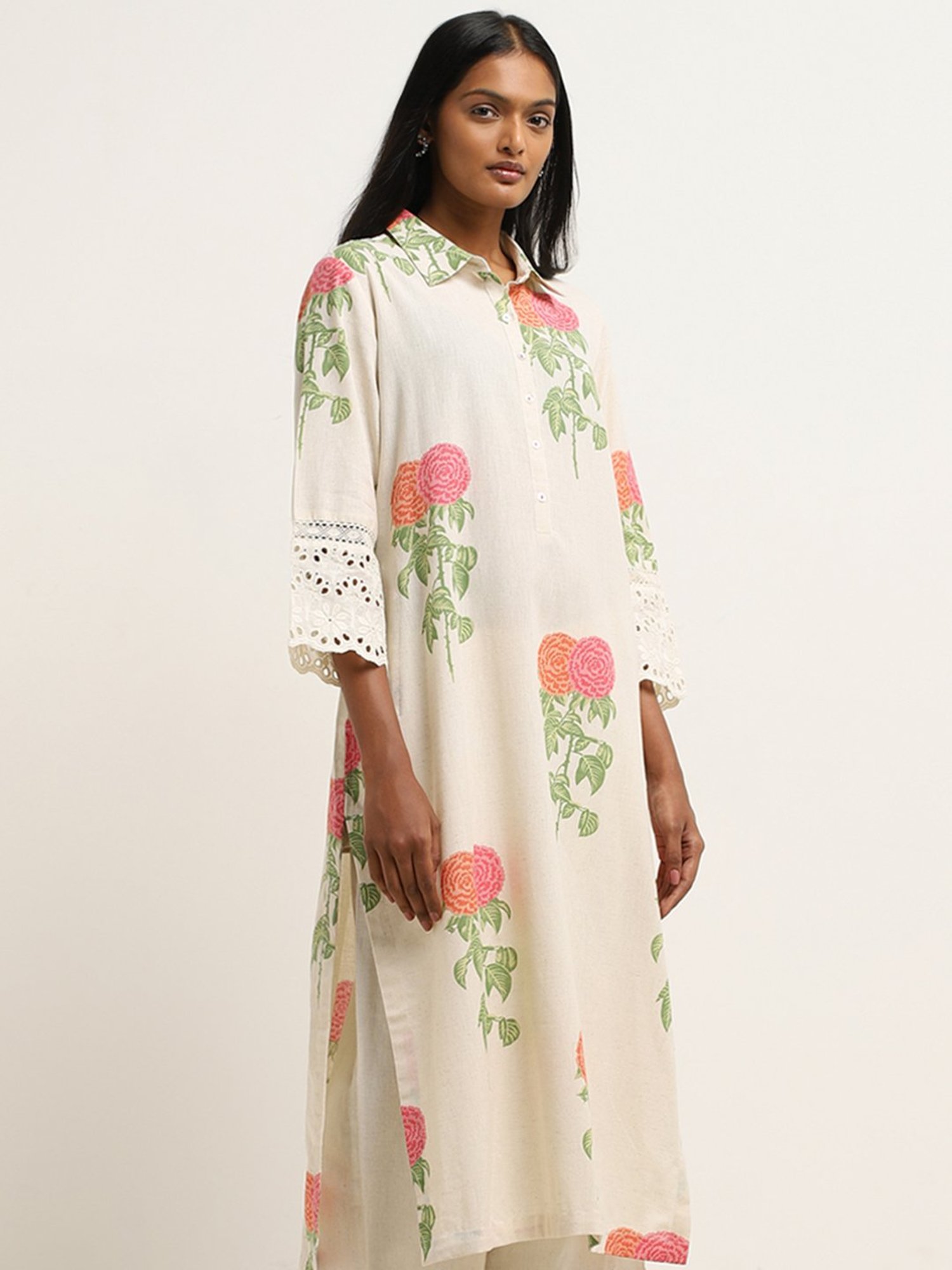 Utsa by Westside Pink Floral Pattern A-Line Cotton Blend Kurta