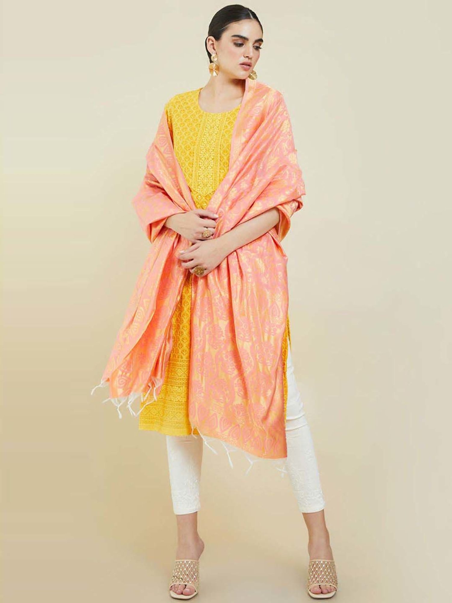 Soch Peach Woven Pattern Dupatta