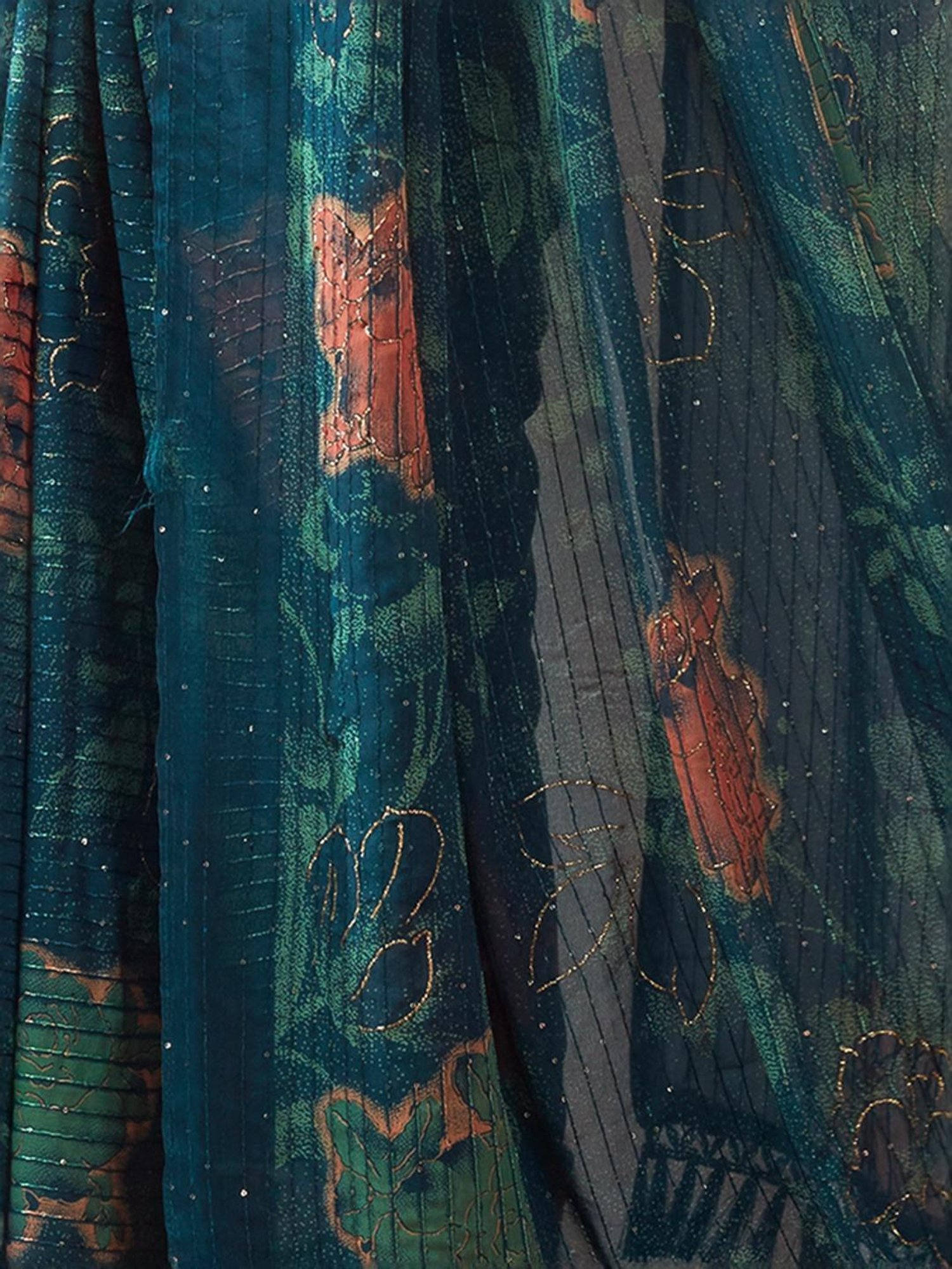 Satrani Blue Floral Print Saree With Unstitched Blouse