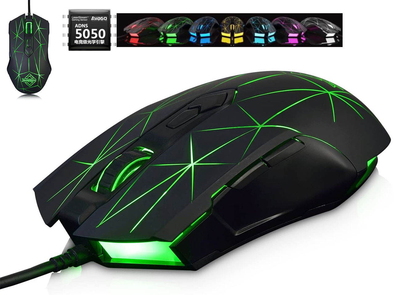 Gaming Mouse Wired, USB Optical Computer Mice with RGB Backlit, 2 Adjustable DPI Up to 2400, Ergonomic Gamer Laptop PC Mouse   for Windows 7/8/10/XP -Black