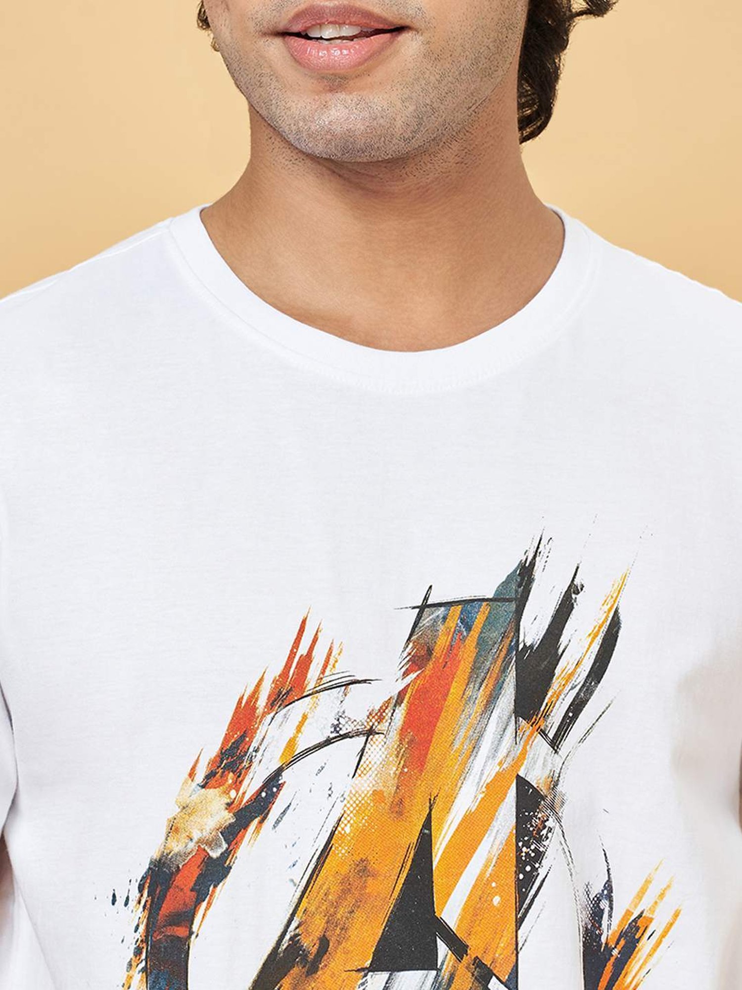 Sf Jeans By Pantaloons Bright White Cotton Slim Fit Printed T-Shirt