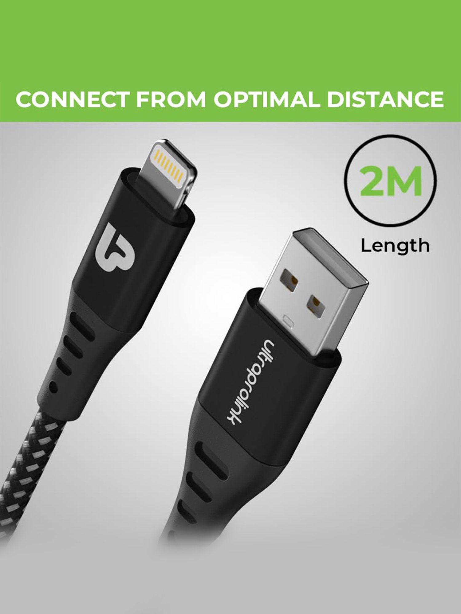 UltraProlink UL1068BLK-0200, 3A-15W USB-A to iPhone, iPad & Airpods Fast Charging Cable (Black)