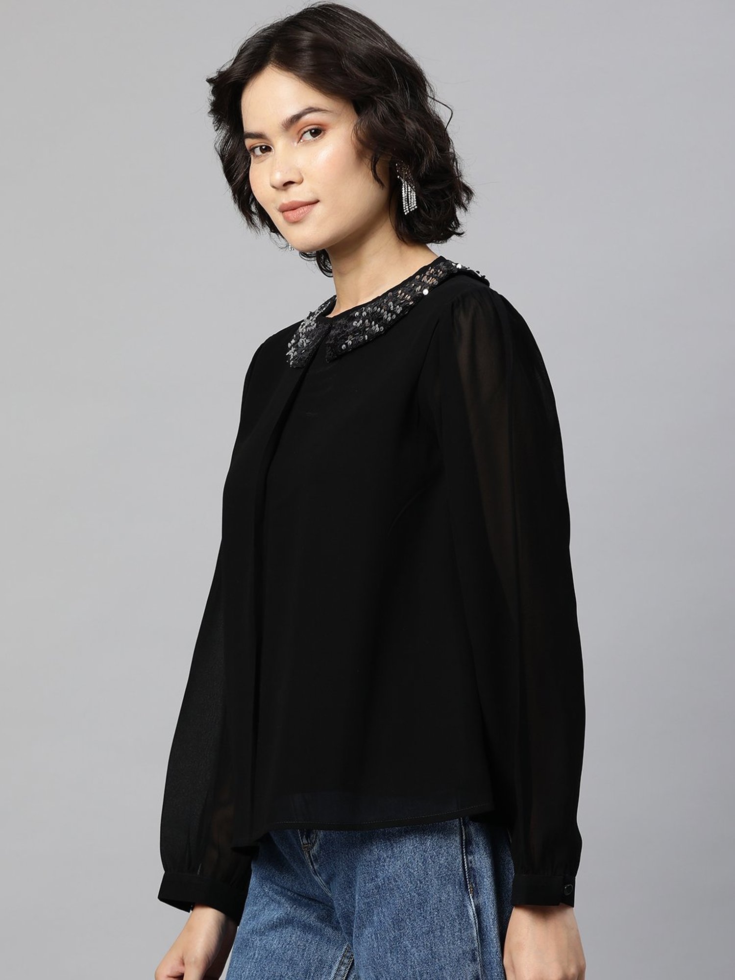 Cottinfab Black Embroidered Georgette Top