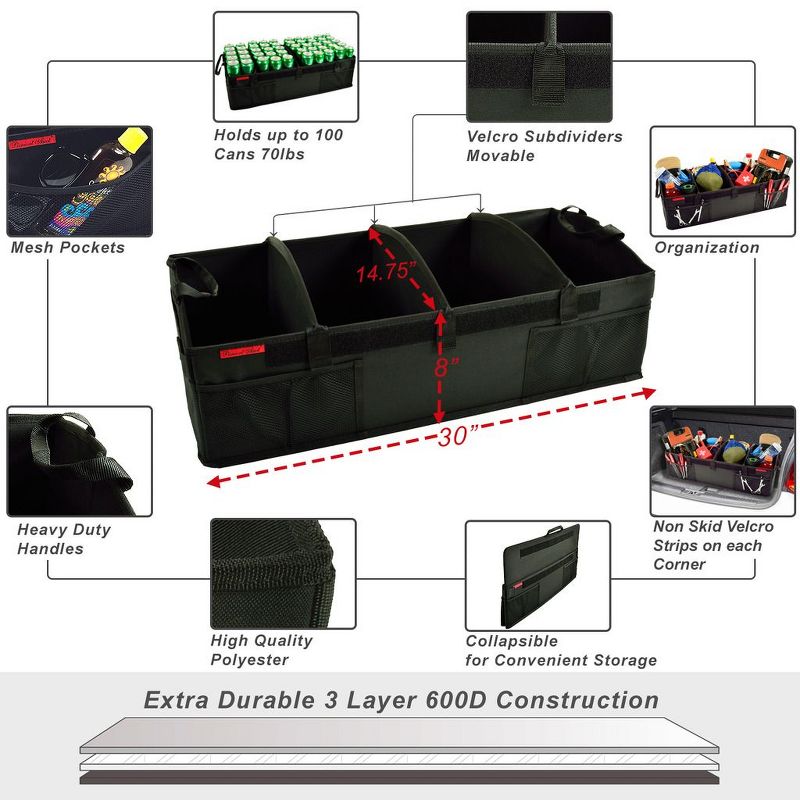 Picnic at Ascot - Ultimate Heavy Duty Trunk Organizer - No Slide Rigid Base - 70 LB Capacity - 30" wide x 14.75" deep x 9" high - Black