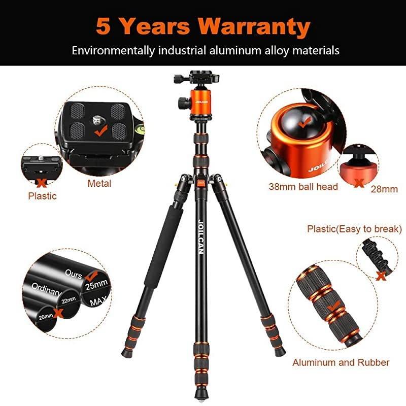 80inch Tripod for Camera Aluminum Tripod for DSLRMonopod Lightweight Tripod with 360 Degree Ball Head Stable for Travel and Work 185quot80quot19lb Load Orange