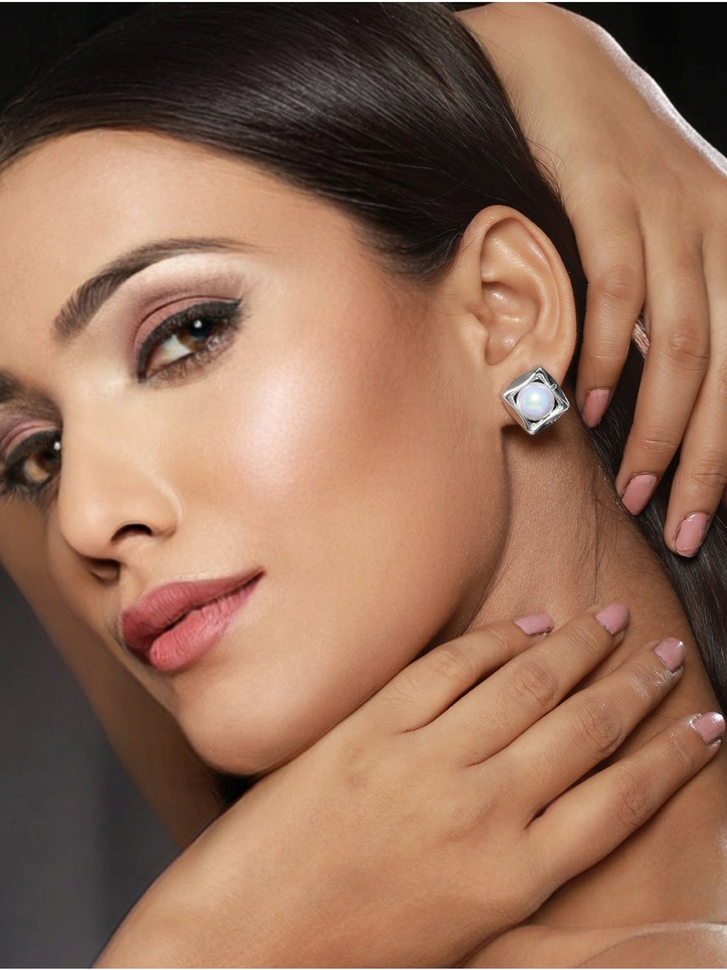 Prita by Priyaasi White Pearl Blocked Square Silver-Plated Stud Earrings