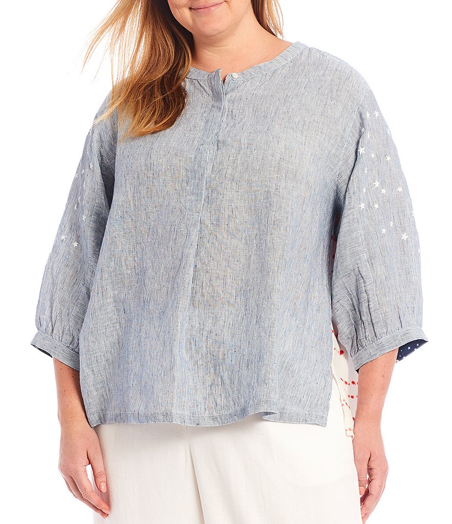 John Mark Plus Size Solid Front Band Collar 3/4 Blouson Sleeve Button-Front Placket Americana Tie Dye Back Top