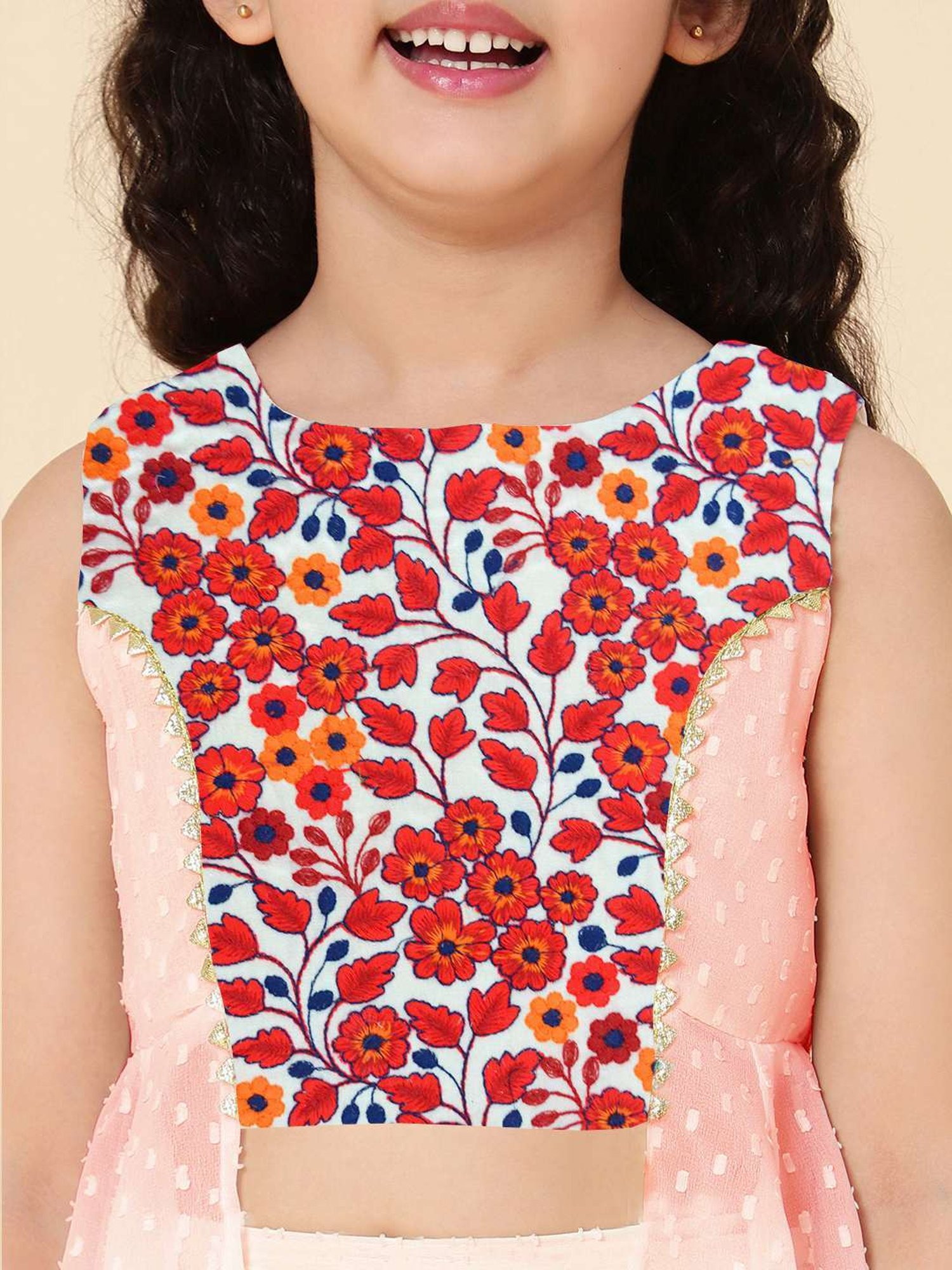 A.T.U.N. Kids Peach & Red Embroidered Kurta Set