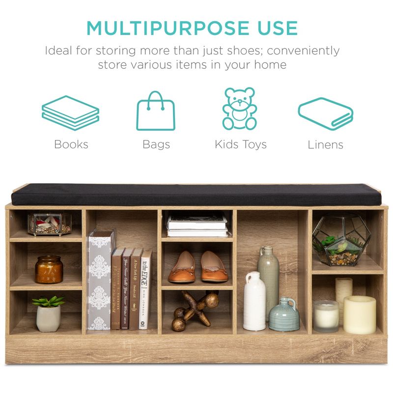 Best Choice Products 46in Shoe Storage Organization Rack Bench for Entryway, Bedroom w/ Padded Seat, 10 Cubbies - Maple