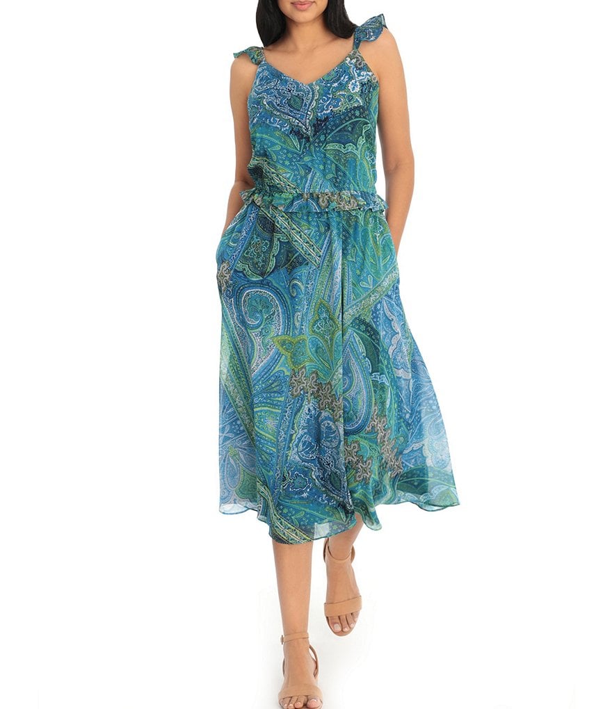 London Times Petite Size Ruffle Strap V-Neck Sleeveless Midi Dress