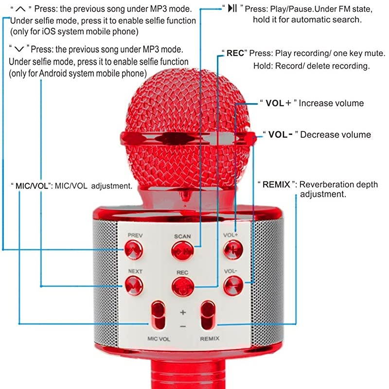 Wireless Bluetooth Karaoke Microphone with Built in Bluetooth Speaker AllinOne Karaoke Machine | Compatible with Android iOS iPhone Red Color