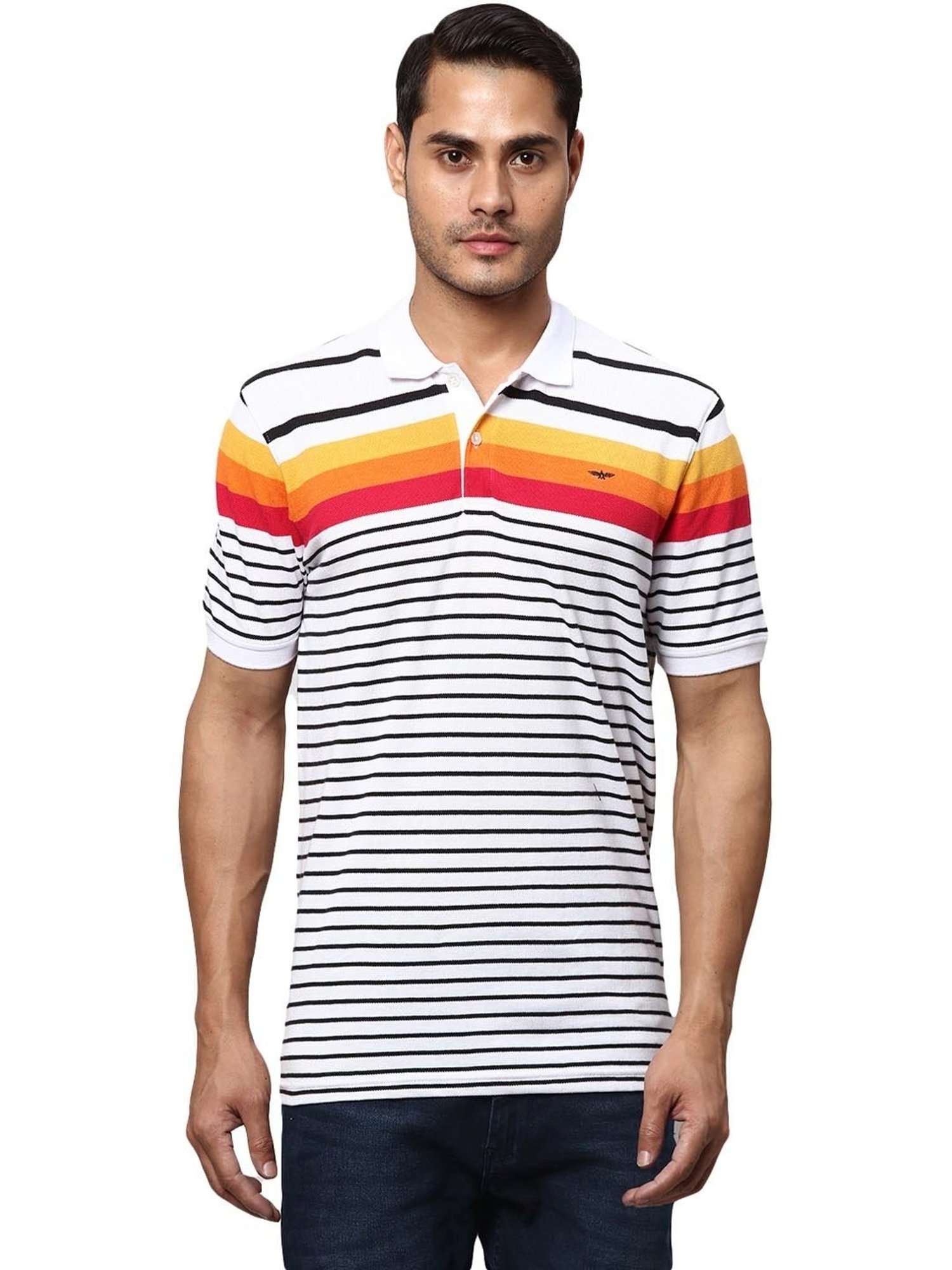 Park Avenue White  Slim Fit Striped Polo T-Shirt