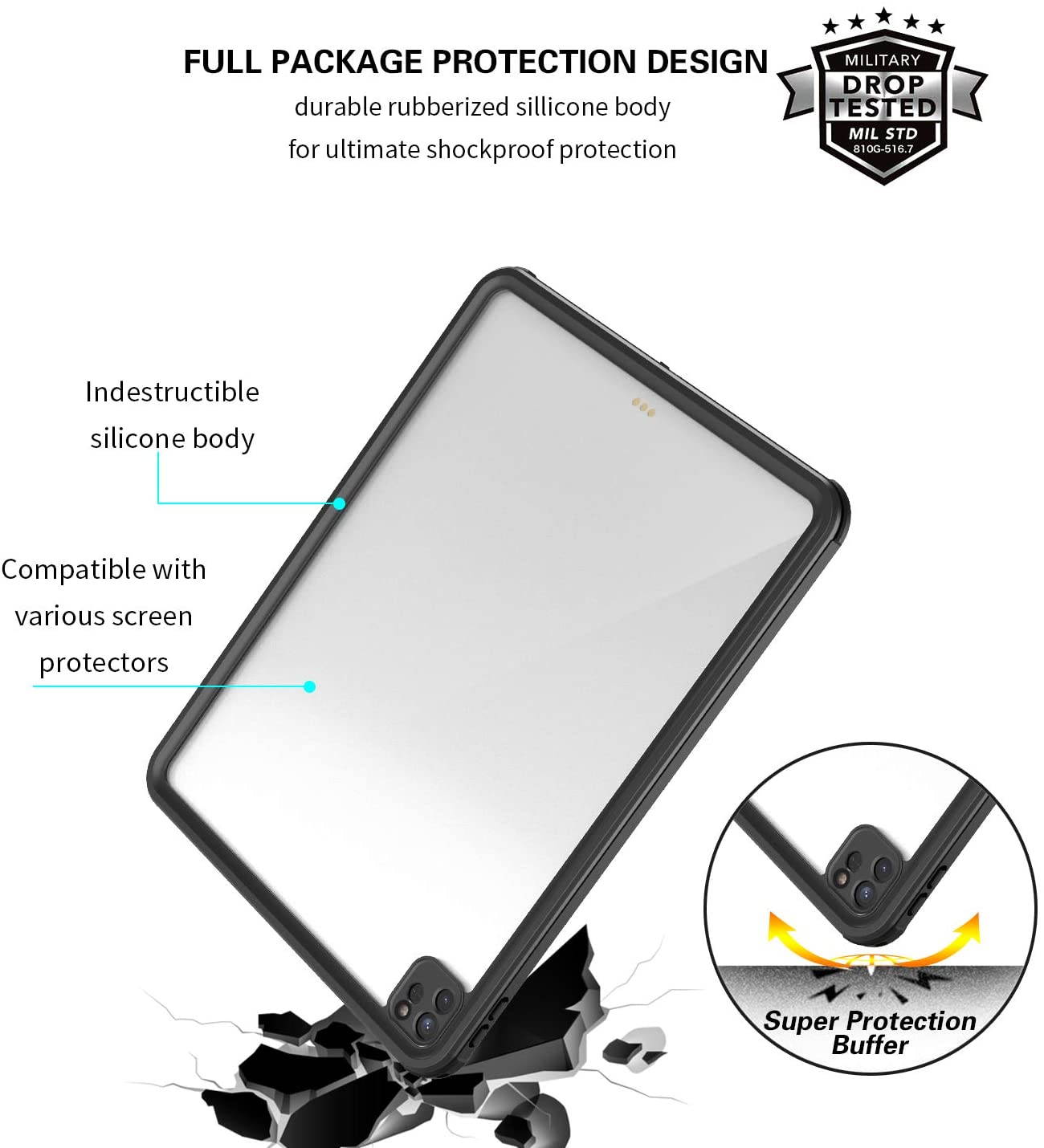 Waterproof Case,with Built-in Screen Protector Dustproof Submersible Full-Body Cover for 2020 iPad Pro 12.9