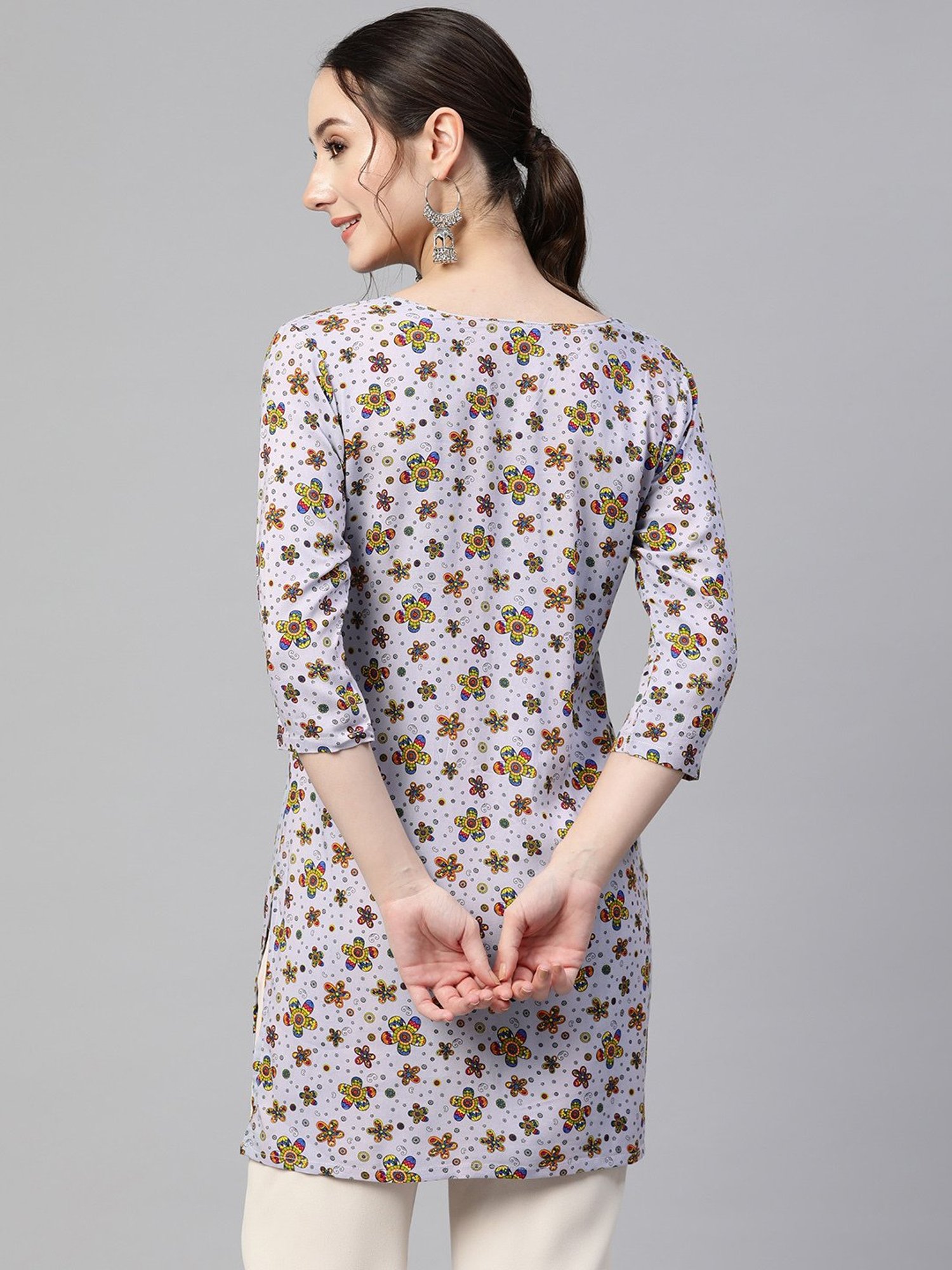 One Femme Grey Floral Print A Line Kurti