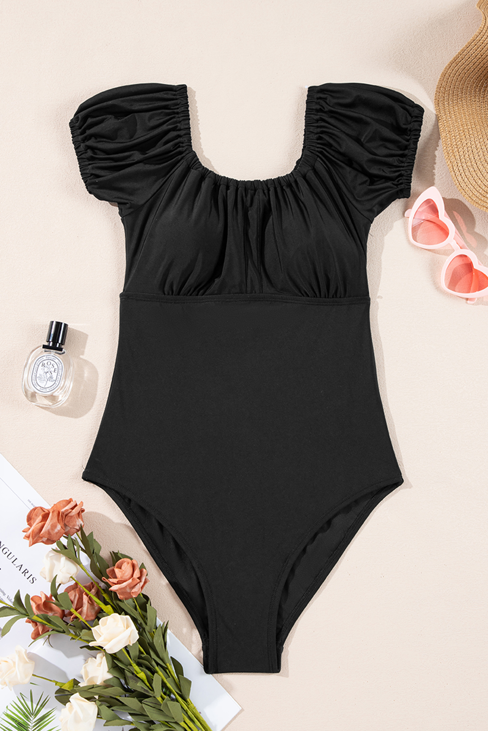 Black Plant Print Zip Front Half Sleeve One Piece Swimsuit