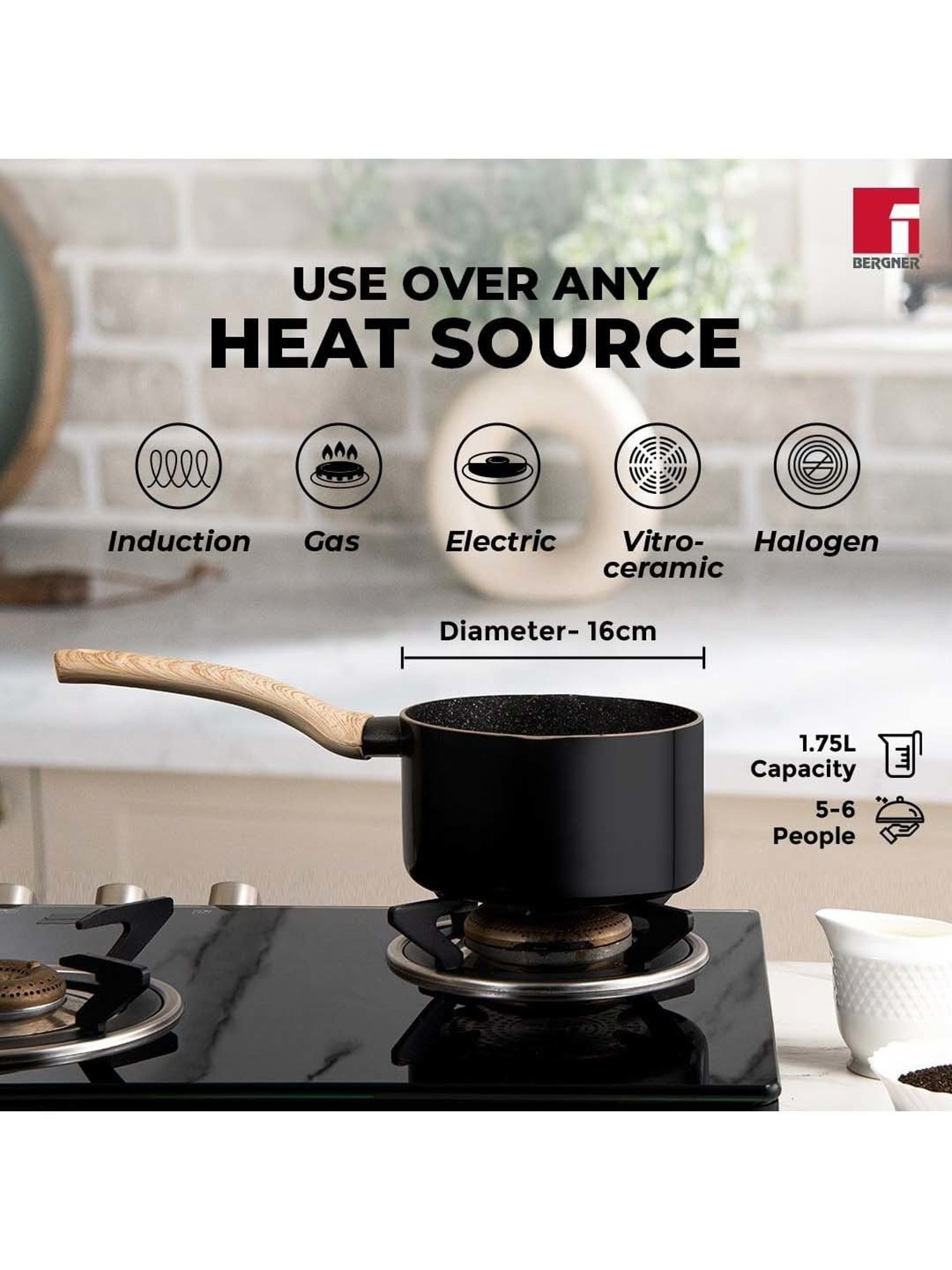 Bergner Bellini & Aura Black 16 cm Induction Saucepan With Wooden Finish Handle (1.8 L)