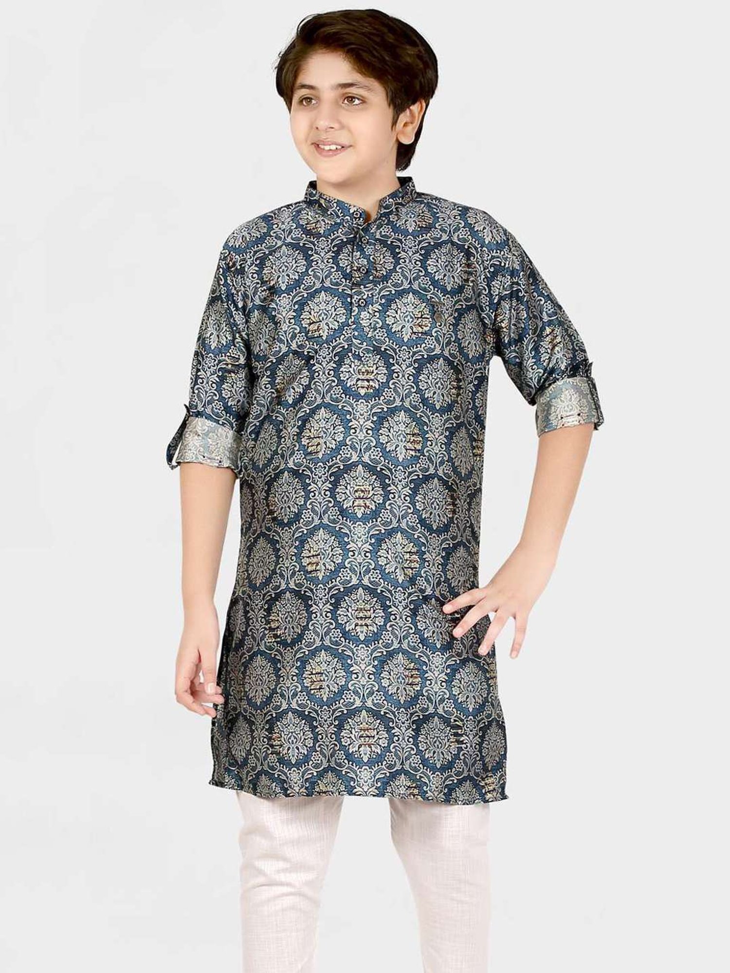 Cavio Kids Blue & White Cotton Printed Full Sleeves Kurta Set