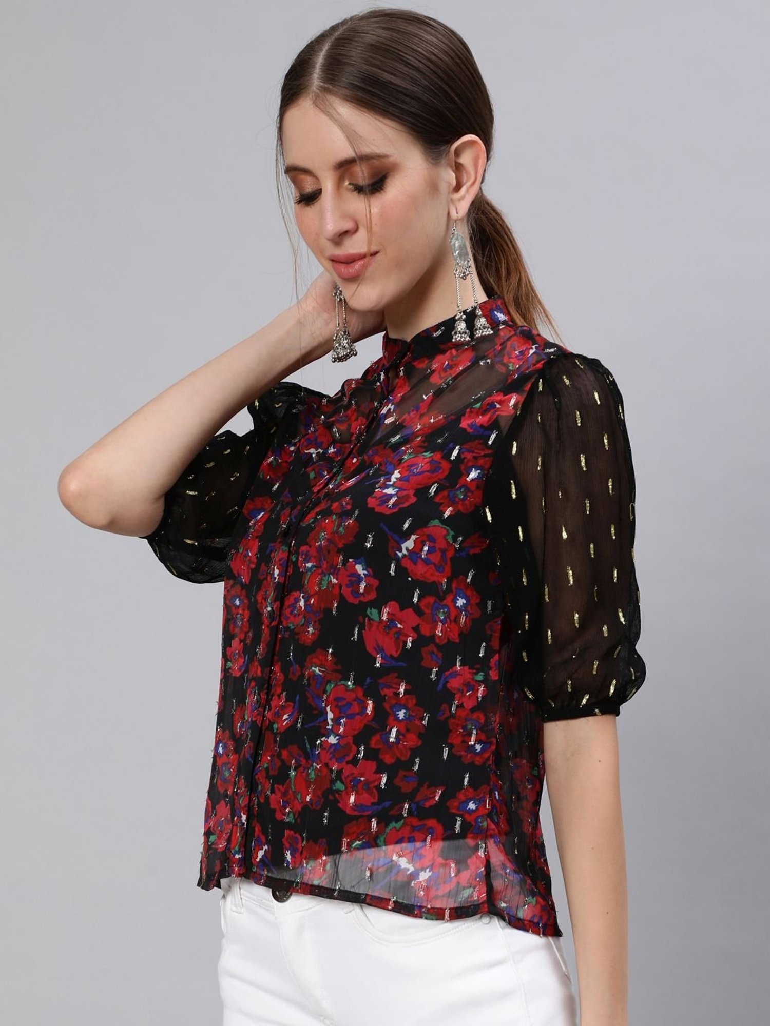 Ishin Black & Red Embroidered Top
