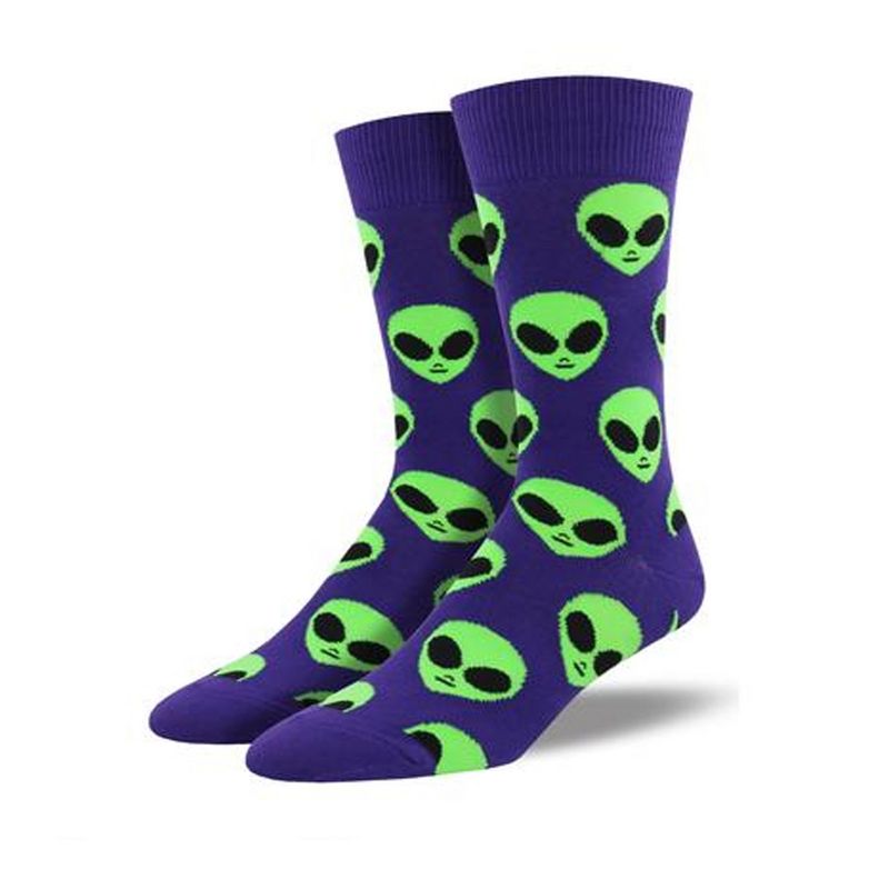Novelty Socks 10.0" We Come In Peace Purple Cotton Crew Alien Socksmith  -  Socks