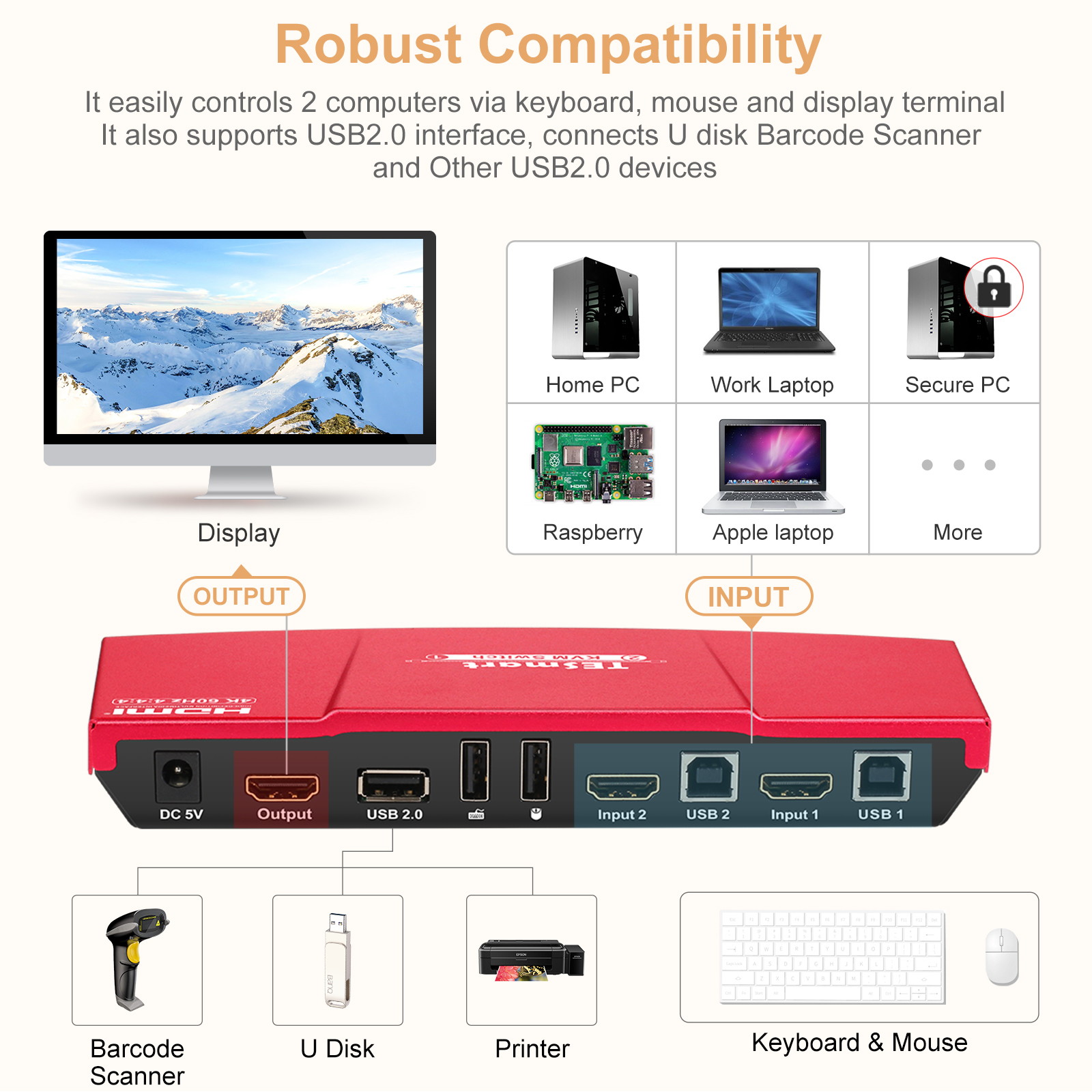 TESmart HDMI KVM Switch 4 ports 4 in 1 out  , support 4k 3840*2160@60Hz 4:4:4  Support HDR 10 and Dolby Vision ,Complaint with HDCP 2.2, With USB2.0 and audio output ports