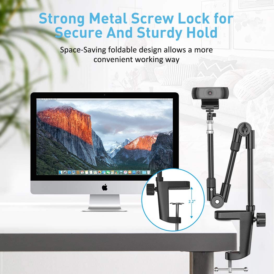 Webcam Stand Camera Mount with Phone Holder, KDD 25 Inch Foldable Flexible Gooseneck Clamp Table Mount for Cell Phone, Logitech C270 C922 C930e C920S C920 C615 C960 Brio, Gopro Hero 8 7 6 5 4