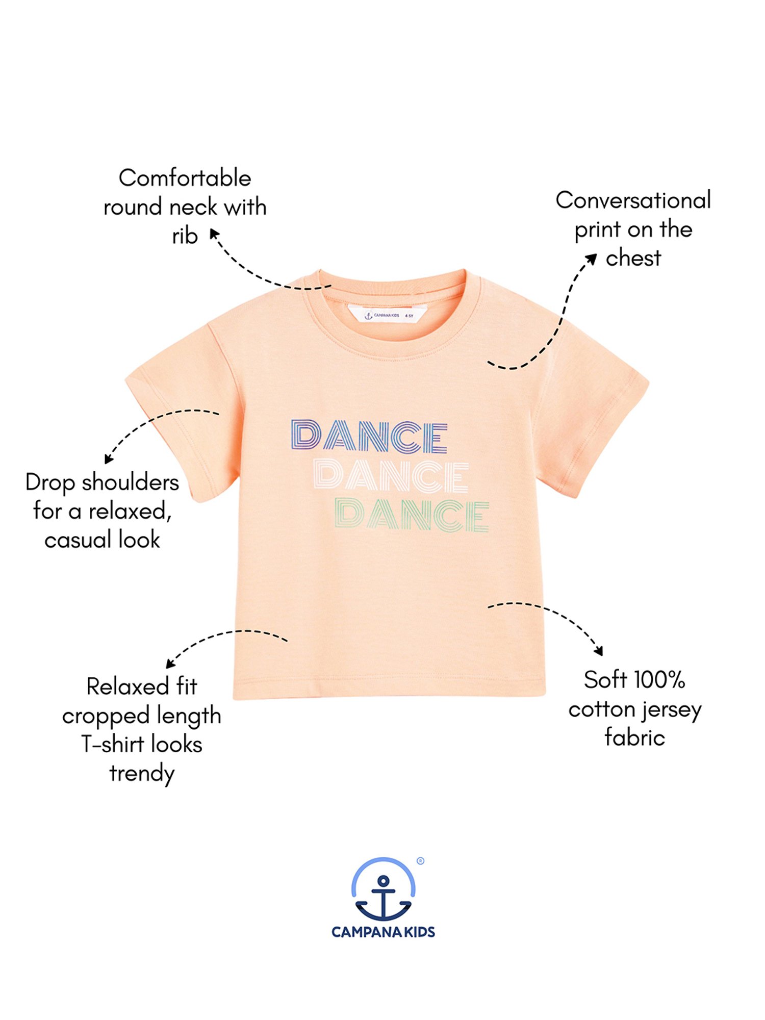 Campana Kids Peach Printed T-Shirt