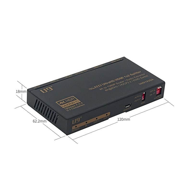 ViewHD UHD1X2SA 1 in 2 Out 1x2 HDMI 2.0 HDCP 2.2 Splitter with 4K to 1080P Down Scaler and Audio Extractor 4K60Hz HDR Dolby Vision 3.5mm / Optical and HDMI Audio Output to HDMI AVR Receiver