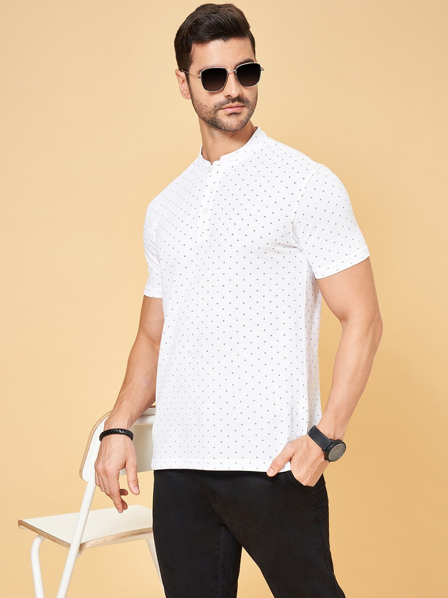 Byford by Pantaloons Cloud Dancer Slim Fit Printed Henley T-Shirt