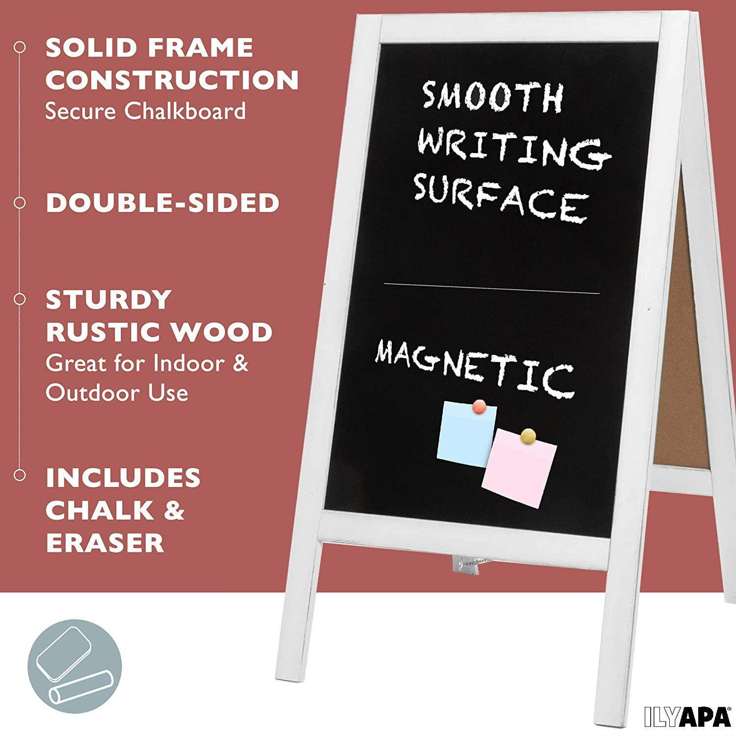 Wooden A-Frame Sign with Eraser & Chalk - 40" x 20" Magnetic Sidewalk Chalkboard &ndash; Sturdy Freestanding White Sandwich Board Menu Display for Restaurant, Business Or Wedding