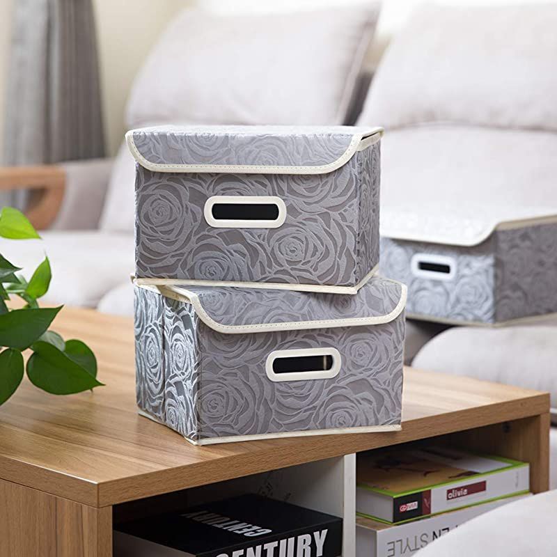 Collapsible Storage Boxes with Lids Fabric Decorative Storage Bins Cubes Organizer Containers Baskets with Cover Handles Divider for Bedroom Closet Living Room 9.8x7.9x6.7 Inch 3 Pack