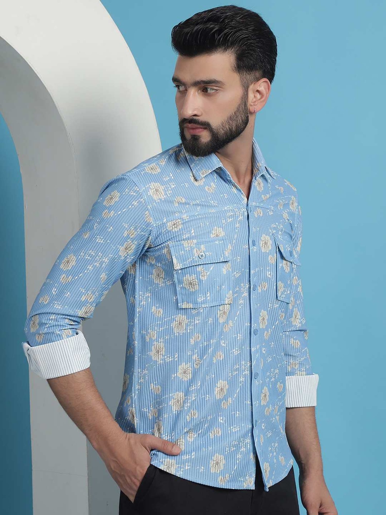 Indian Needle Blue Cotton Regular Fit Printed Shirt