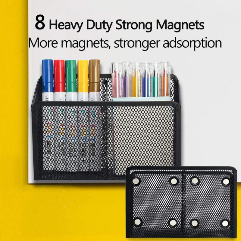 Pen Holder Magnetic Pencil Holder - 2 Generous Compartments Extra Strong Magnets Mesh Marker Holder Perfect for Whiteboard, Refrigerator and Locker Accessories(black)